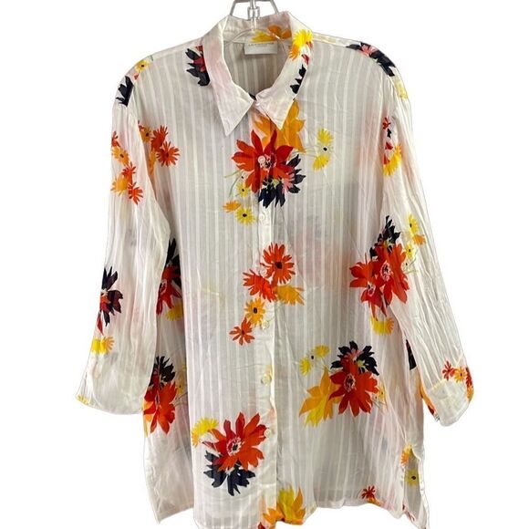 LIZ CLAIBORNE LIZSPORT Floral Sheer 3/4 Sleeve Button Up Blouse Size Large - Picture 2 of 9